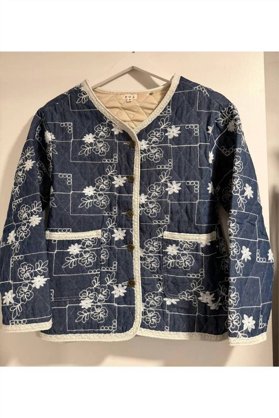 NEW POL women's long sleeve quilted woven denim jacket in blue